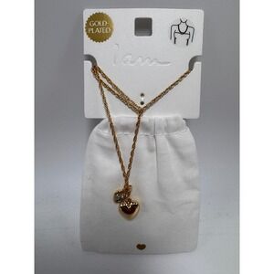 I AM Gold Plated Double Heart Charm Necklace Puffed Heart & Crystal Pendants